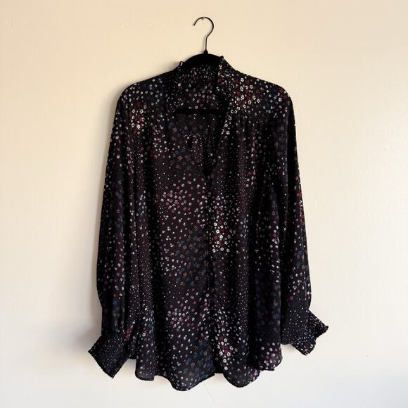 Torrid Black + Pink White Floral Print Button Front Smocked Collar Blouse - 4X - Picture 2 of 11